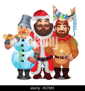 Trois hommes en costumes de Noël carnaval drôle isolé sur fond blanc. Cartoon Vector illustration close-up. Illustration de Vecteur