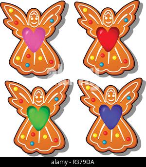 Ensemble d'épices délicieux en forme d'anges isolé sur fond blanc. Gâteaux de fête de Noël traditionnel. Cartoon Vector illustration close-up. Illustration de Vecteur
