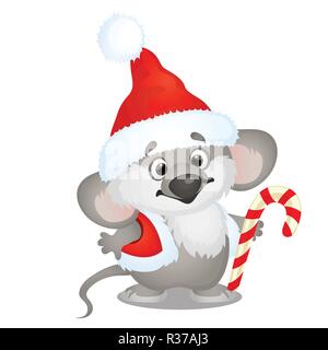 Le Koala mignon en chapeau de Père Noël avec sweet Candy Cane isolé sur fond blanc. Croquis de l'affiche de la fête de Noël, invitation à une fête, d'autres carte de vacances. Cartoon Vector illustration close-up Illustration de Vecteur