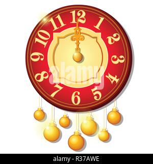 Horloge murale Vintage décoré avec des boules d'isolé sur fond blanc. Échantillon de Noël et Nouvel an carte de voeux, affiche de fête ou invitations de partie. Cartoon Vector illustration close-up. Illustration de Vecteur