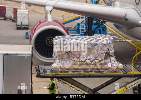 De l'aéroport Heathrow de Londres - Juin 2018 : une palette de fret aérien d'être chargés dans la soute d'un Airbus A330 de Virgin Atlantic à Londres Banque D'Images