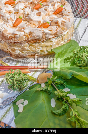 Tarte à la rhubarbe avec la meringue et amandes Banque D'Images