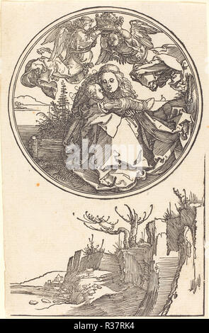 La Vierge couronnée par deux anges au-dessus d'un paysage. En date du : en 1515 ou avant. Fiche technique Dimensions : (boîte à image) : 10,1 × 15,2 cm (4 x 6 in.). Technique : gravure sur bois. Musée : National Gallery of Art, Washington DC. Auteur : Dürer, Albrecht. Banque D'Images