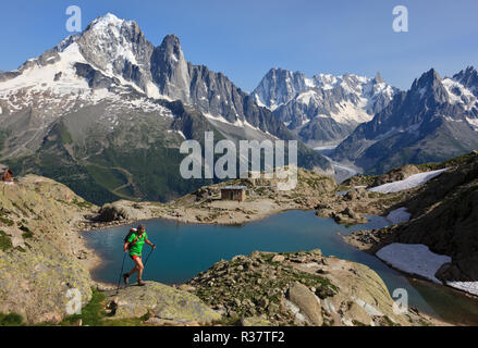 Femme, alpiniste dans la montée, derrière le Lac Blanc, Aiguille verte, Grandes Jorasses, Massif du Mont-Blanc, Chamonix, en France Banque D'Images