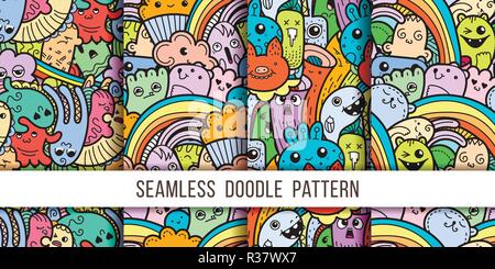 Collection de monstres doodle amusant motif transparente pour les estampes, dessins et livres à colorier. Vector illustration Illustration de Vecteur