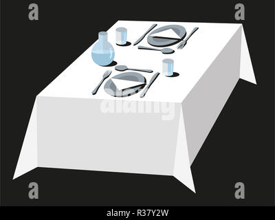 Table romantique pour deux personnes avec des assiettes, couverts et décanteur sur nappe blanche - souper Date ou célébration de mariage ou de Saint Valentin Banque D'Images