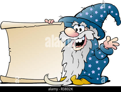Cartoon Vector illustration d'un vieux sorcier magie heureux homme tenant un rouleau de papier Banque D'Images