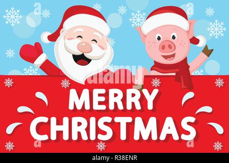 Le Père Noël et le cochon, ni de derrière la feuille rouge. Illustration de Vecteur