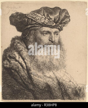 Homme barbu dans un capuchon de velours avec un fermoir bijou. En date du : 1637. Technique : gravure. Musée : National Gallery of Art, Washington DC. Auteur : REMBRANDT, Harmenszoon van Rijn. Banque D'Images