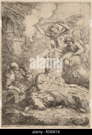 La Sainte Famille adorée par les Anges (La Grande Nativité). Dimensions : plaque : 39,5 x 28 cm (15 9/16 x 11 in.). Technique : gravure sur bois sur papier. Musée : National Gallery of Art, Washington DC. Auteur : Bartolomeo Biscaino. Banque D'Images