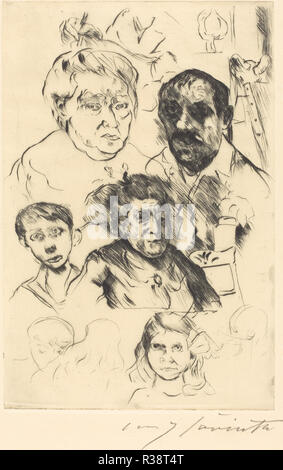 Un assortiment de têtes et Autoportrait (Verschiedene Köpfe und Selbstbildnis). En date du : 1915. Dimensions : Plateau : 29,8 x 19,7 cm (11 3/4 x 7 3/4 in.). Médium : pointe sèche en noir sur papier vergé. Musée : National Gallery of Art, Washington DC. Auteur : Lovis Corinth. Banque D'Images