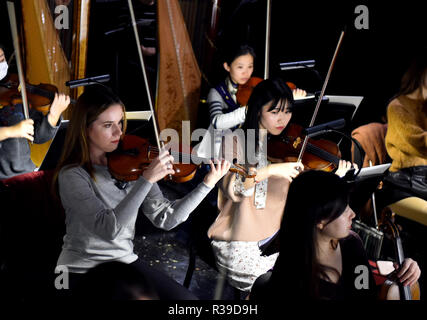 (181122) -- BEIJING, 22 novembre 2018 (Xinhua) -- Aleksandra Denga(L), de la Pologne, répète avec ses collègues dans le National Centre for the Performing Arts à Beijing, capitale de la Chine, le 19 octobre 2018. Après son diplôme de l'Académie de musique de Gdansk en 2014, Aleksandra est venu en Chine pour travailler avec l'Orchestre symphonique de Guiyang comme violoniste dans le sud-ouest de la Chine, de la province du Guizhou, trois ans plus tard, après un court séjour en Espagne, il a décidé de revenir à nouveau en Chine, cette fois elle a trouvé un emploi au Centre National des Arts d'orchestre. "Au début c'était un assez effrayant adventu Banque D'Images