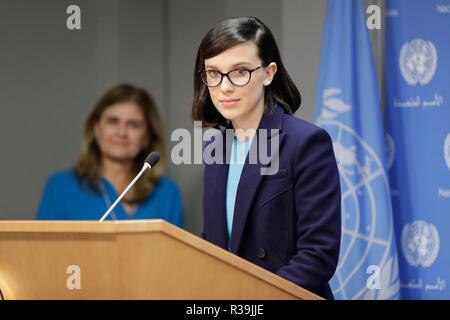 Organisation des Nations Unies, New York, 20 novembre 2018 - Actrice Millie Bobby Brown presse mémoires sur l'importance de l'autonomisation des enfants, dans le cadre de l'UNICEF, la célébration de la Journée mondiale des enfants. La réunion a également permis d'annoncer la nomination de brun comme le plus récent de l'UNICEF (et plus jeune ambassadeur de bonne volonté) aujourd'hui au siège des Nations Unies à New York. Photo : Luiz Rampelotto/EuropaNewswire. Dans le monde d'utilisation | Banque D'Images