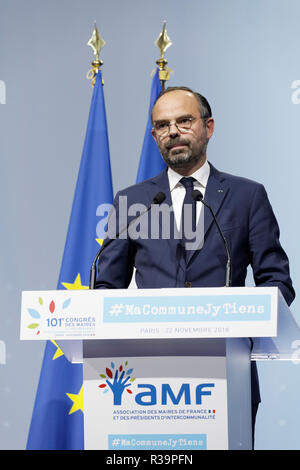 Paris, France. 22 Nov, 2018. Discours de 1er ministre Édouard Philippe au 101e Congrès de l'Association des Maires de France le 22 novembre 2018 à Paris, France. Credit : Bernard Menigault/Alamy Live News Banque D'Images