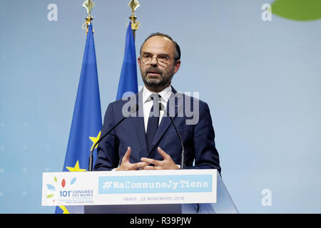 Paris, France. 22 Nov, 2018. Discours de 1er ministre Édouard Philippe au 101e Congrès de l'Association des Maires de France le 22 novembre 2018 à Paris, France. Credit : Bernard Menigault/Alamy Live News Banque D'Images