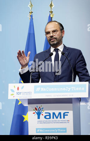 Paris, France. 22 Nov, 2018. Discours de 1er ministre Édouard Philippe au 101e Congrès de l'Association des Maires de France le 22 novembre 2018 à Paris, France. Credit : Bernard Menigault/Alamy Live News Banque D'Images