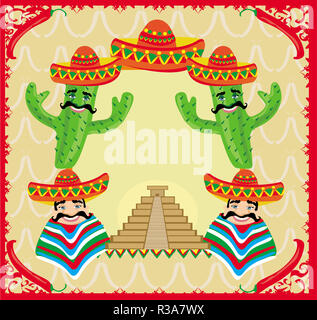 Cadre mexicain vecteur avec cactus et sombrero,pyramide Banque D'Images