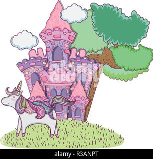 Beau château féerique avec unicorn dans le paysage vector illustration Illustration de Vecteur