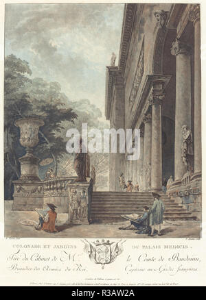 Colonade et Jardins du Palais Médicis (Colonnade et jardins du palais des Médicis). En date du : ch. 1776. Fiche technique Dimensions : (découpés à l'intérieur d'une plaque d'interrogation en haut et bas) : 29,1 x 24,4 cm (11 7/16 x 9 5/8 in.). Technique : gravure et lavez-mode imprimé en jaune, bleu, rouge, vert pâle blackon et papier. Musée : National Gallery of Art, Washington DC. Auteur : Jean-François Janinet après Hubert Robert. Banque D'Images