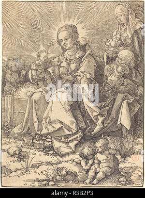 La Sainte Famille sur un banc. En date du : 1526. Technique : gravure sur bois. Musée : National Gallery of Art, Washington DC. Auteur : Dürer, Albrecht. Banque D'Images