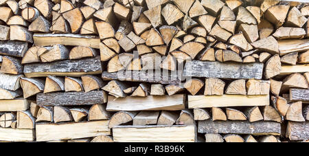Pile de bois de texture. Bois de chauffage empilé dans une pile de bois et préparé pour le chauffage en hiver. Couper du bois de chauffage pour l'hiver. Arrière-plan de sol en bois de sciage. Banque D'Images