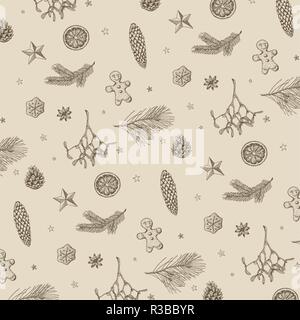 Vector vintage hand drawn seamless pattern avec Noël objets de Noël Illustration de Vecteur