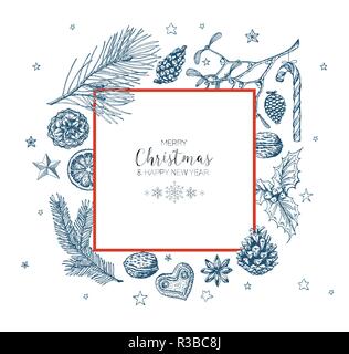 Vector vintage carte de Noël dessiné à la main avec différentes formes de saison - pain de gingembre, le gui, cone, écrous - version bleu avec bordure rouge Illustration de Vecteur