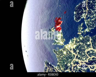 Vue de la nuit de l'Écosse à partir de l'espace visible avec les lumières de la ville. Surface de la planète en plastique très détaillé. 3D illustration. Éléments de cette image fournie par Banque D'Images