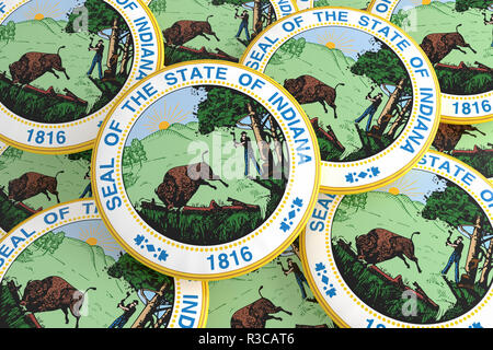 Boutons d'État des États-Unis : Pile of Indiana Seal Insignes, 3d illustration Banque D'Images