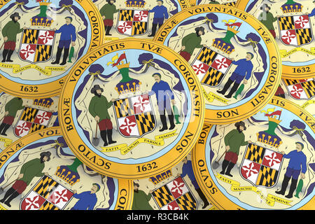 Boutons d'État des États-Unis : Pile of Maryland Seal Insignes, 3d illustration Banque D'Images
