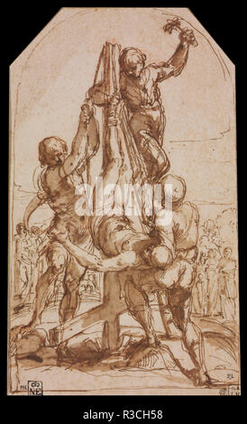 Crucifixion de Saint Pierre. Date/période : 1604. Dessin. Plume, encre brune et lavis sur craie rouge sur papier. Hauteur : 230 mm (9,05 in) ; Largeur : 137 mm (5,39 in). Auteur : Guido Reni. Banque D'Images