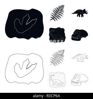 Dinosaure triceratops, mer,plante préhistorique, crâne humain. Jeu de dinosaures et préhistoire collection icônes de style du contour noir, symbole vecteur st Illustration de Vecteur