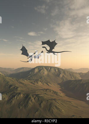 Friendly compagnons Dragon survolant un paysage de montagne Banque D'Images