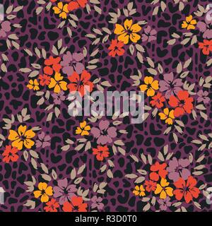 Grande échelle graphique audacieux et floral vecteur animal modèle homogène. La main surdimensionnée simpliste des fleurs sur fond texturé violet abstrait Illustration de Vecteur