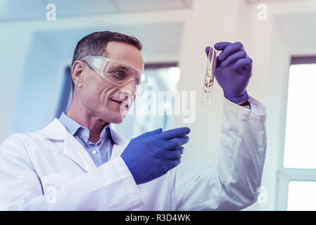 Scientifique émotionnelle. Beau mâle personne qui garde le sourire sur son visage pendant qu'à l'échantillon à Banque D'Images