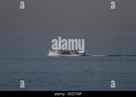 Matosinhos, Portugal - 29 septembre 2015 : sardine portugaise chalutier de pêche voile vers le port de Leixoes dans un matin brumeux. Banque D'Images