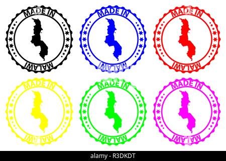 Faite au Malawi - timbres en caoutchouc - vecteur, Malawi carte - noir, bleu, vert, jaune, violet et rouge Illustration de Vecteur
