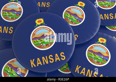 Boutons d'État des États-Unis : Pile of Kansas Flag Insignes, 3d illustration Banque D'Images