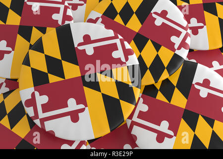 Boutons d'État des États-Unis : Pile of Maryland Insignes Drapeau, 3d illustration Banque D'Images