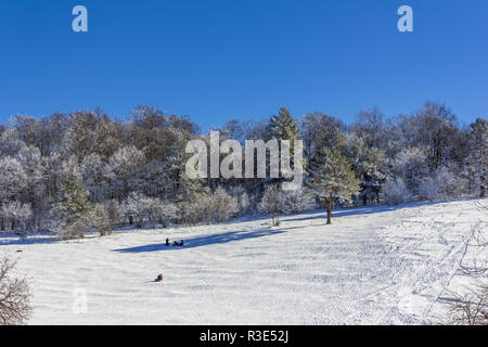 Les touristes en vacances avec les enfants voyagent sur une luge gonflable sur une pente enneigée sur une journée d'hiver Banque D'Images