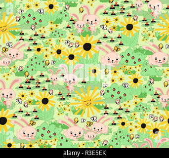 Cute Bunny Printemps design. Fond transparent pour les enfants. Carottes lapins tournesols jardin vert jaune rose modèle homogène. Parfait pour les enfants. Banque D'Images