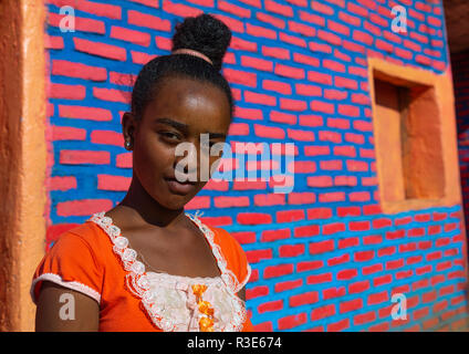 Femme éthiopienne, debout devant un mur de briques colorées, Banc Maji, Mizan Teferi, Ethiopie Banque D'Images