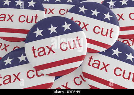 La politique USA News Insigne : tas de boutons de réduction d'impôt avec nous Drapeau, 3d illustration Banque D'Images