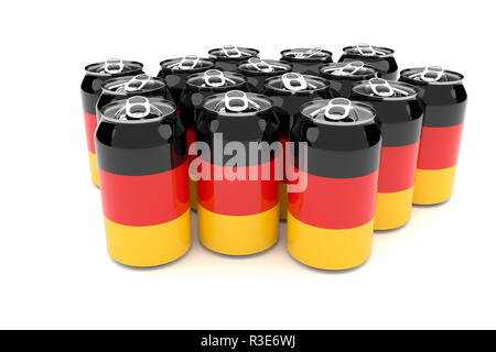 Les déchets d'emballage en Allemagne : drapeau allemand conserve en aluminium isolé sur un fond blanc, 3d illustration Banque D'Images