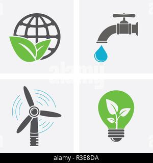 Monde et feuille, moulin, robinet avec goutte d'eau et de l'ampoule eco icons Illustration de Vecteur