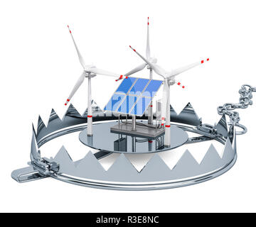 Avec des panneaux solaires et éoliennes, rendu 3D isolé sur fond blanc Banque D'Images