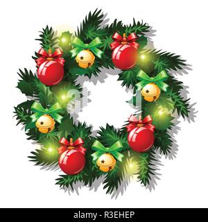 Croquis de Noël avec guirlande de branches de sapin décoré de boules rouges et de boules de verre, Garland, Golden Jingle Bells, Red Ribbon Bow. Échantillon de poster, d'une invitation et d'autres carte. Vector Illustration. Illustration de Vecteur