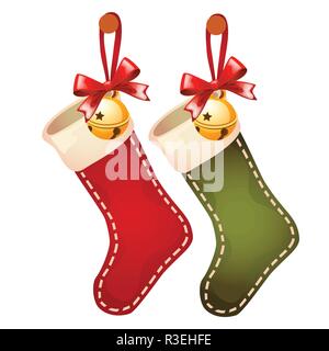 Ensemble de chaussettes colorées suspendues couleurs rouge et vert isolé sur fond blanc. Esquisse pour carte de vœux, invitations, l'affiche de la fête. Attributs de Noël et Nouvel an. Vector close-up. Illustration de Vecteur