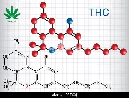 Le tétrahydrocannabinol (THC) - Structure de formule chimique et molécule modèle. Est le principal composant psychoactif du cannabis. Feuille de papier Illustration de Vecteur