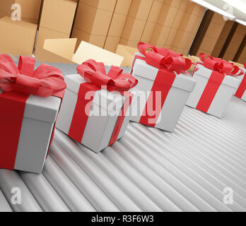 Des cadeaux de Noël sur la courroie du convoyeur ligne 3d-illustration Banque D'Images